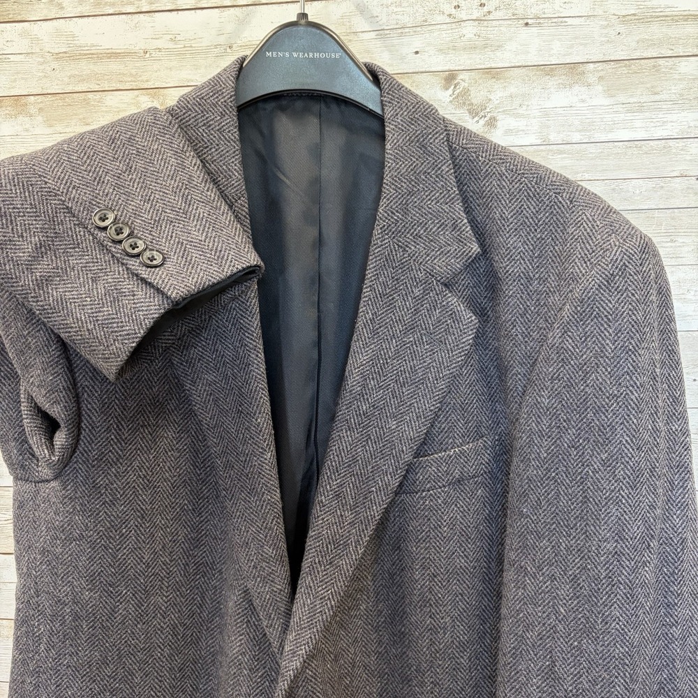 Vintage Robert Stock Mens 42R Blazer Herringbone Gray Lambswool Blend 2-Button